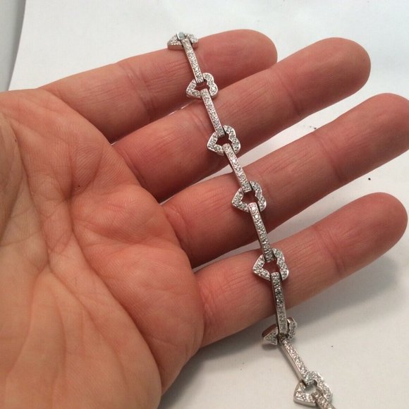 14k WHITE Solid Real Gold Daimond Heart Beautiful Fancy Lady Bracelet 7 1/4'' - Picture 6 of 8